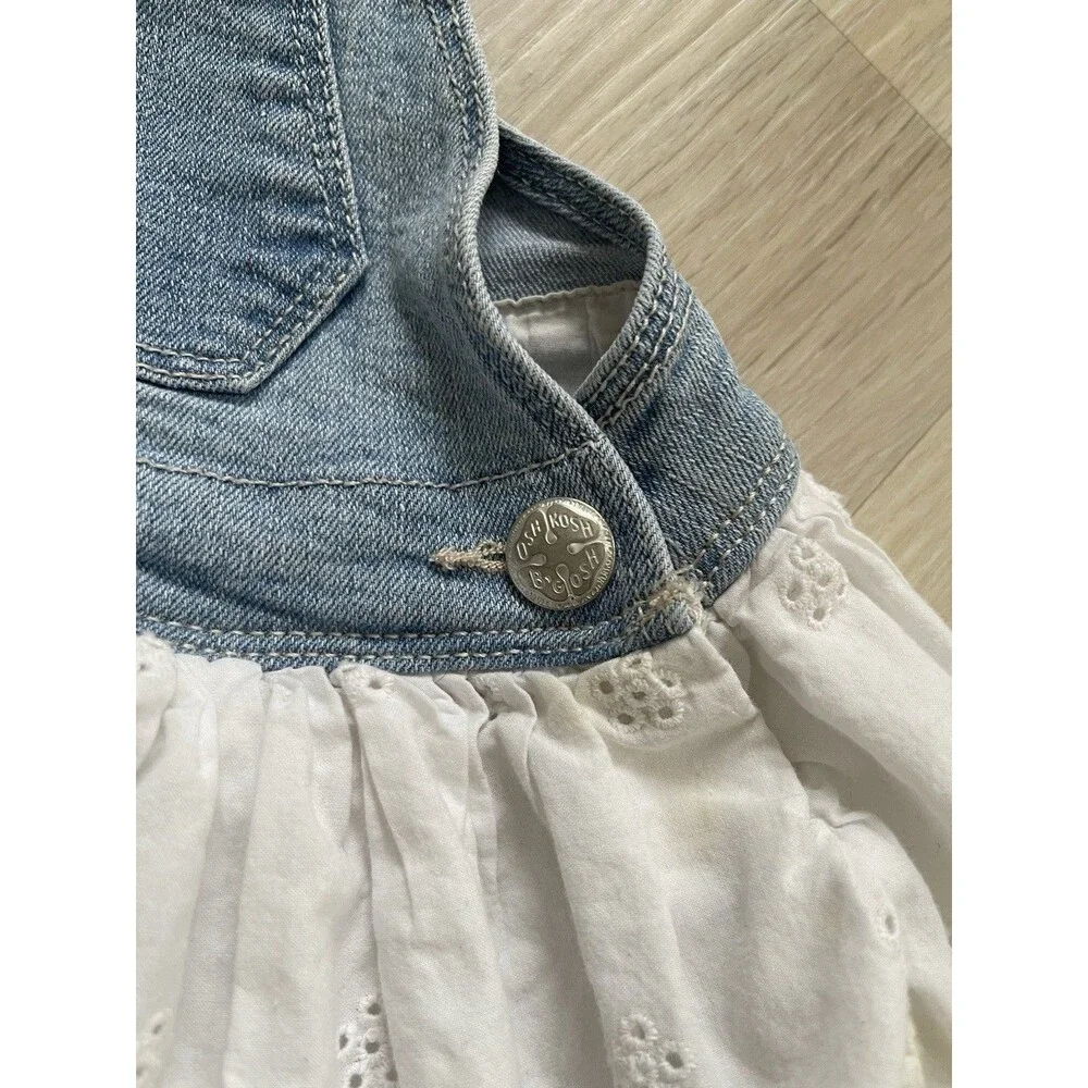 OshKosh B'gosh Girls 2T Denim Overall Dress Blue/White Eyelet Button Farmcore